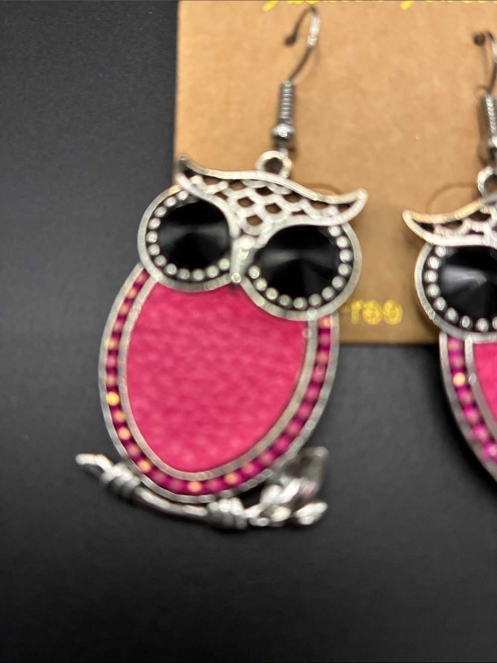 Fashion Jewelry Pink and Black Owl Dangle Earrings - Picture 2 of 4